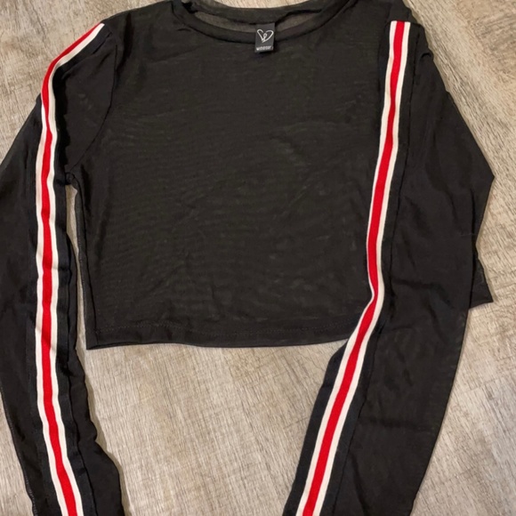 Windsor Long-Sleeve Mesh Crop Top with Striped Sleeves Size M - Picture 1 of 4